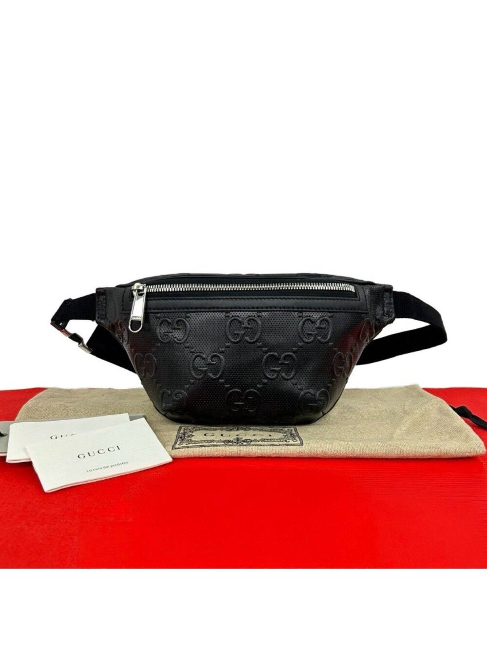 Gucci Jumbo GG Logo Pattern Leather Belt Bag Waist Pouch Black